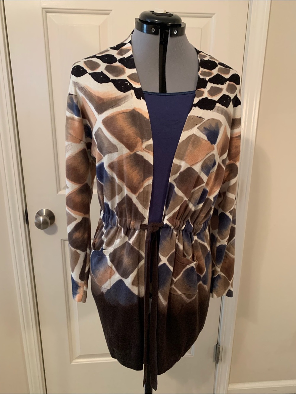 NIC+ZOE Brown, Navy & Cream Printed Drawstring Cardigan Medium